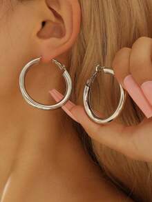 1pair Ladies' Gold-Color Circle Tube C Shape Hoop Earrings - Gold - View 11
