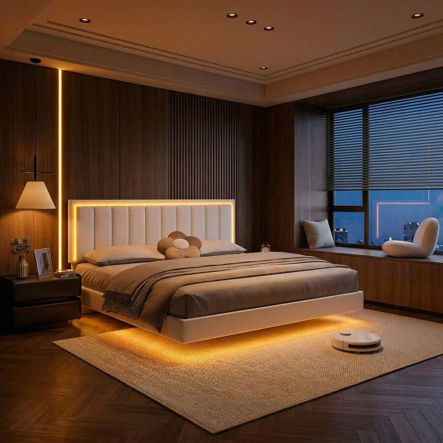 Floating Bed Frame With LED Lights, Queen Bed Frame And PU Leather Headboard, Solid Wood Slats Support, No Box Spring Needed, Noise-Free, Easy Assembly, Full/ Queen/ King, Black/ White ( USB LED Strip) - 白色 - 查看 1