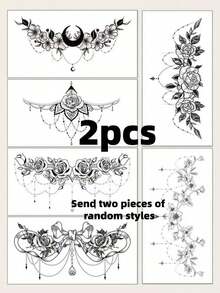 Flower & Tassel Temporary Tattoo Stickers For Chest, Abdomen, Back, Body - Black - View 9