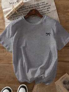 Camiseta de manga corta holgada con estampado de lazo y hombros anchos, casual, negra, de verano - Gris Claro - Ver 2