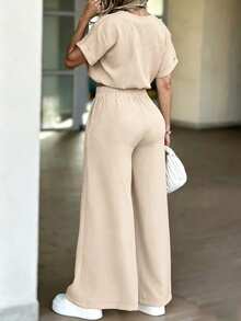 Conjunto de 2 piezas de top con escote entallado y pantalones de pierna ancha, casual y elegante para uso diario y vacaciones, primavera/verano - Albaricoque - Ver 2