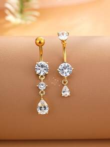 2个18K镀金不锈钢水滴形锆石肚脐环，性感肚脐穿刺饰品，女士款 - 金黃色 - 查看 6