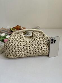 女款夏季草編斜背包、鏈條編織沙灘托特包、手工錢包、1個草編托特包、海邊度假包 - 米色 - 查看 6