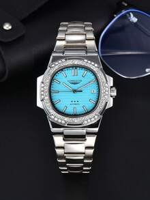 LONGLUX 1 pieza Reloj automático mecánico para hombre, calendario, correa de acero, hebilla de mariposa, resistente al agua, decorado con rhinestones, regalo de lujo - Plateado - Ver 8