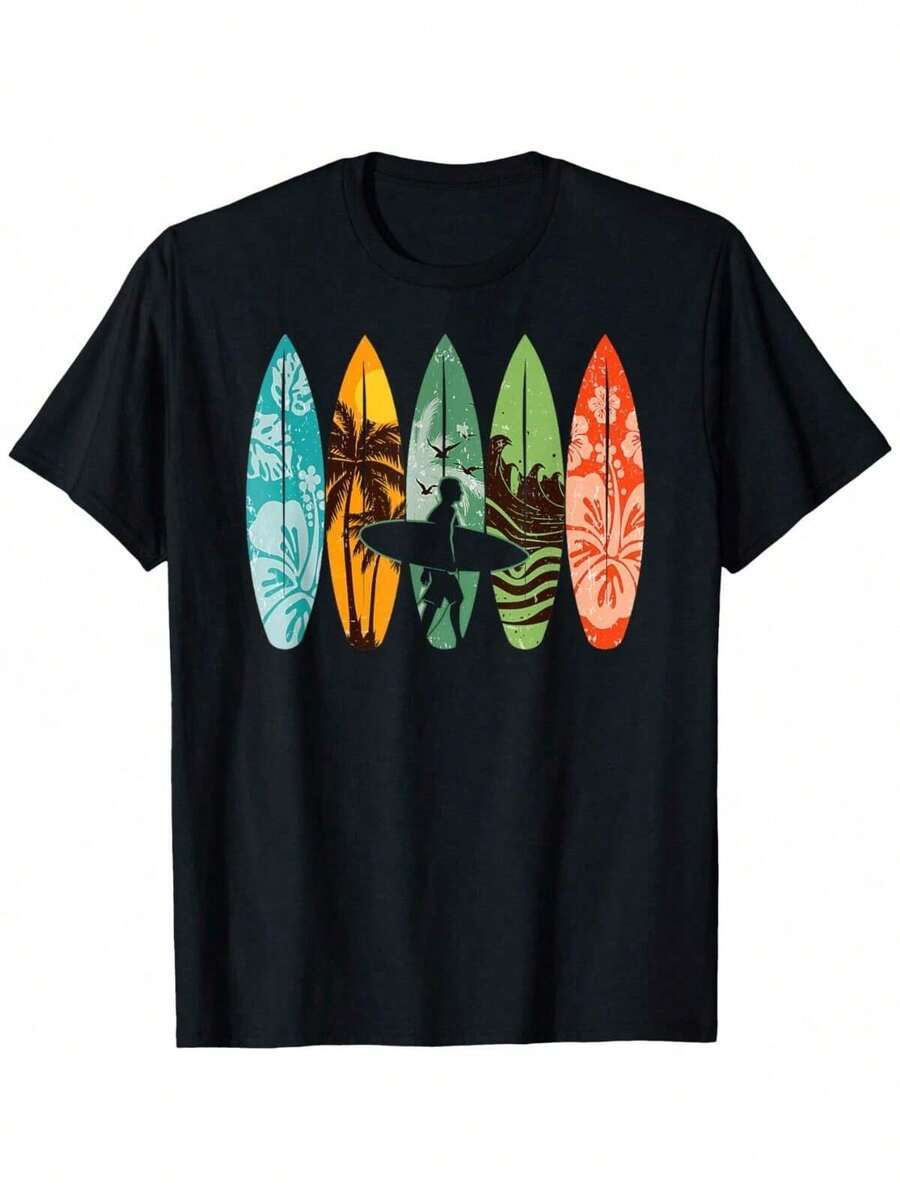 Men's Short Sleeve T-Shirt Funny T-Shirt For Men Surfboarder Hawaii Wave Surfing Surfboard Lover Beach Surfer T-Shirt Soft Fabric, Breathable, Comfortable Short Sleeve T-Shirts Perfect For Summer - 黑色 - 查看 1
