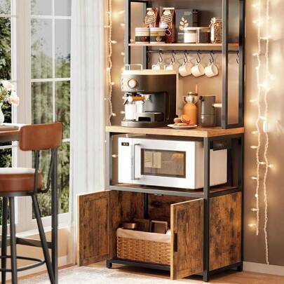 Freestanding Kitchen Storage Rack With Power Station, 90cm Height Worktop Coffee Bar Cabinet, Microwave Shelf With 8 Utility Hooks, Rustic Brown And Black Color, Multi-Tier Open Shelving For Organizing Jars, Bottles, Small Appliances And Kitchenware, Durable Metal Frame Construction, Stable Base, Space-Saving Vertical Design, Quick Installation, Perfect For Kitchen, Dining Area, Cafe And Home Office, Industrial Chic Decor Adds Style To Your Space, Practical Solution For Decluttering And Efficient Kitchen Storage
