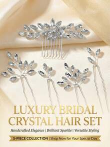 5PCS/SET Silver Rhinestone Bridal Hair Comb & Pins Set, Crystal Leaf Wedding Hair Accessories,Bridal Silver Rhinestone Hair Accessories Set, 1 Hair Comb And 4 U-Shaped Hair Pins,Festival,Birthday - Silver - View 10