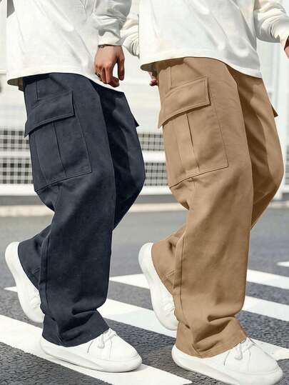 2条装青少年男童休闲运动户外工装裤，带大口袋，春秋季