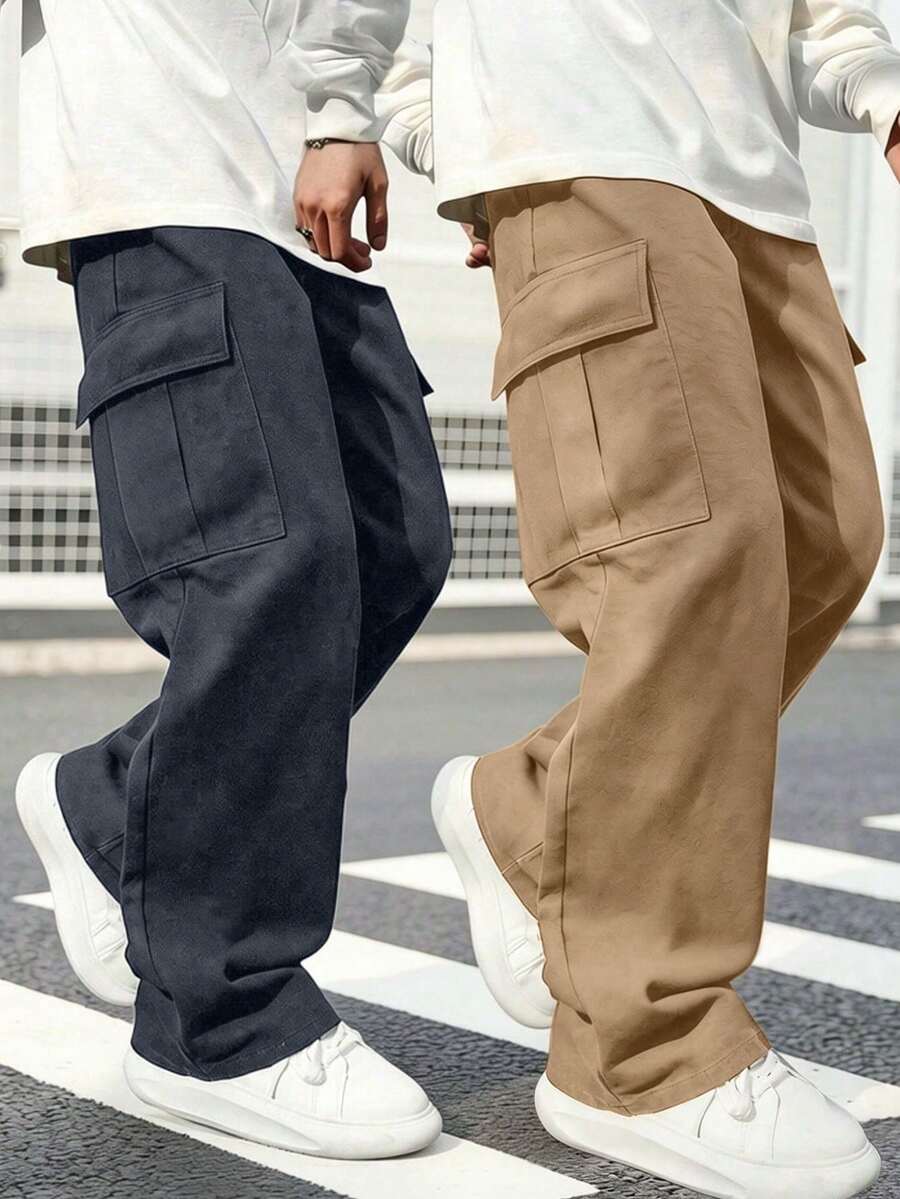 2pcs Tween Boys Casual Sports Outdoor Cargo Pants With Big Pockets, Spring/Autumn - Khaki - View 1