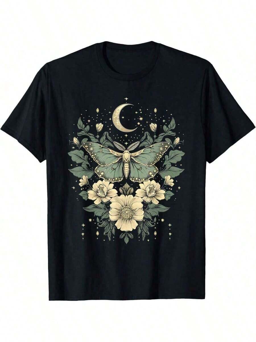 Lunar Moth Floral Print T-Shirt - Black 6 - View 1