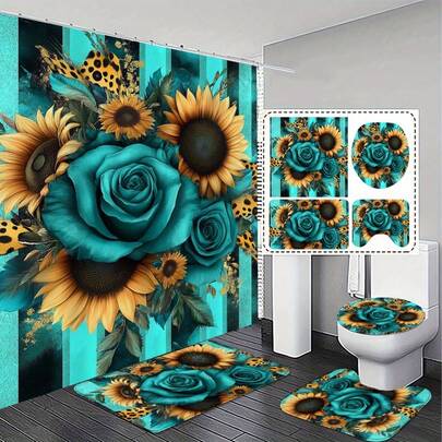 A 2D Flat 1/4-Piece Bath Curtain Set, Featuring Colors Of Blue-Green Roses And Sunflowers. It Includes A Non-Slip Bath Curtain, A Toilet Cover, And 12 Hooks. This Is A Stylish And Functional Home Decor Gift That Is Essential For Any Household. There Are Various Styles Available In The Store.
