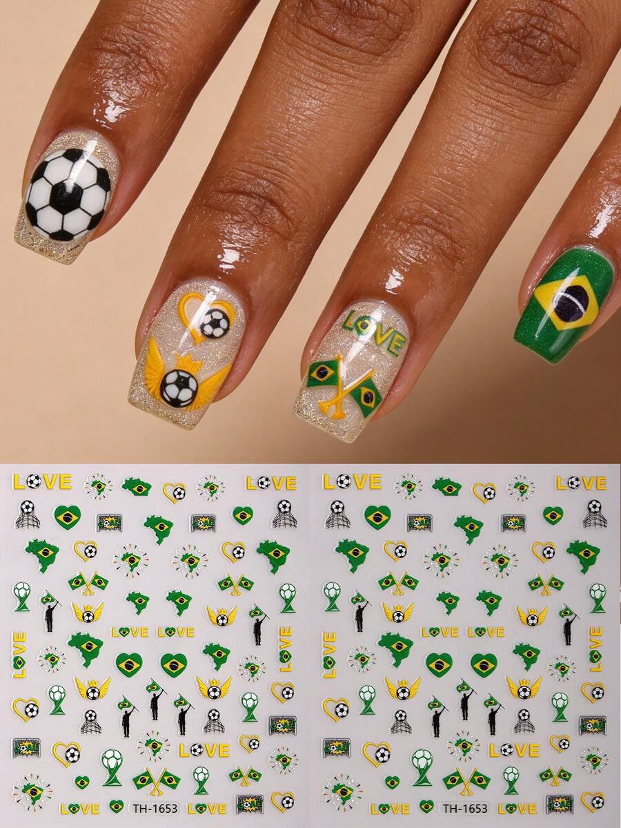 2pcs Brazil World Cup Football Themed Nail Stickers, Energetic Football Nail Art For Spring/Summer, Ideal For DIY Nails Supporting Your Favorite Team During World Cup - Multicolor - View 1