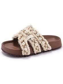 1 Pair Girls Pearl Decor Sandals, Children's Soft Bottom Non-Slip Slippers, Toddler Summer Fashionable Slides - Beige - View 2