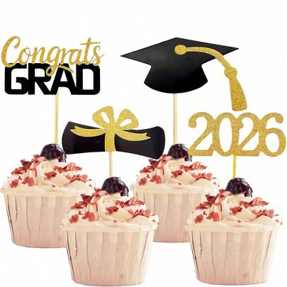 12/24pcs Red Glitter 2026 Graduation Celebration Cupcake Toppers, Shiny Congrats Grad Cake Picks, 2026 Graduation Party Decor, Premium Graduation Ceremony Dessert Decorations