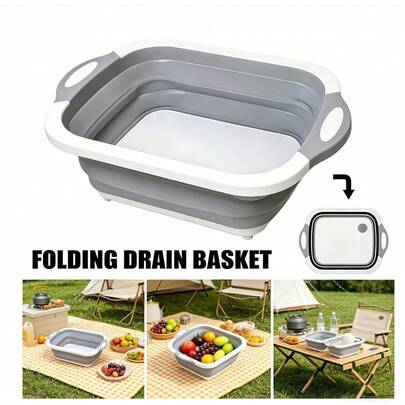 1 multifunctionele opvouwbare snijplank, 30*40 cm, afdruipplank voor huishoudelijk gebruik met afvoergat, kan worden gebruikt als snijplank voor barbecue, het wassen van fruit, groenten en vlees, geschikt voor thuiskeukens, picknicks in de buitenlucht, kamperen en grillen - Grijs