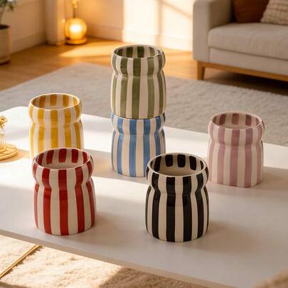 1pc Retro Handpainted Striped Ceramic Candle Cup, Empty, No Candle Included - Suitable As Decor For Living Room, Bedroom, Coffee Table, Creating A Vintage Vibe, Also An Ideal Gift For Holidays And Loved Ones