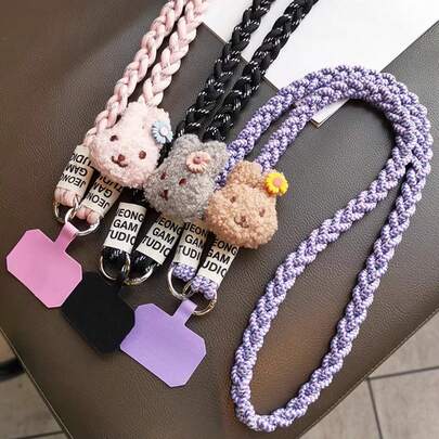 1pc Cute Rabbit Braided Sturdy Lanyard, Suitable For Phone Case, Bag, Water Bottle, Outdoor Portable Hanging Decor, Anti-Lost Strap With Fixed Pad