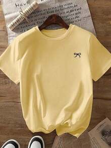Camiseta de manga corta holgada con estampado de lazo y hombros anchos, casual, negra, de verano - Amarillo - Ver 2