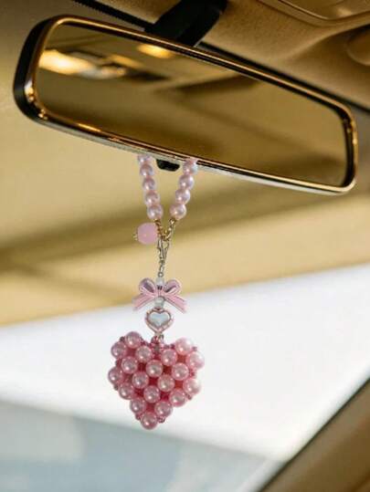 Elegant Handmade Pearl Heart Car Hanging Ornament,Cute Bow Decor Rearview Mirror Charm, Sweet Car Accessories Ideal Gifts For Friends, Bag Hanging Ornament