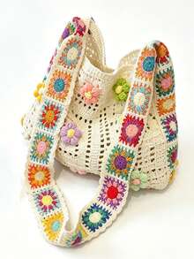 Handmade Crochet Grandmother Plaid Shoulder Bag, Colorful 3D Floral Woven Tote Bag, Bohemian Style Beach Bag, Hollow Knitted Vintage Bag, Dopamine Outfit Bag, Handwoven Bag, Large Capacity Underarm Bag For Summer, Elegant Crochet Handbag, Atmospheric Travel & Photo Prop Bag - Multicolor - View 1