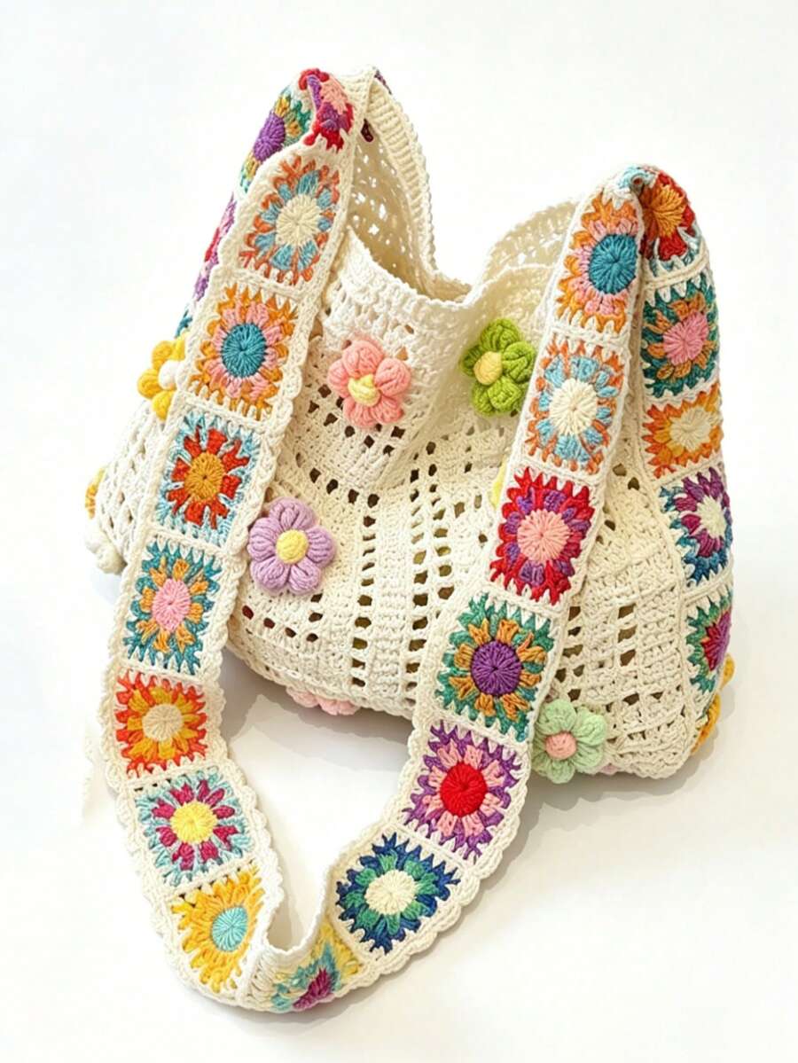 Handmade Crochet Grandmother Plaid Shoulder Bag, Colorful 3D Floral Woven Tote Bag, Bohemian Style Beach Bag, Hollow Knitted Vintage Bag, Dopamine Outfit Bag, Handwoven Bag, Large Capacity Underarm Bag For Summer, Elegant Crochet Handbag, Atmospheric Travel & Photo Prop Bag - Multicolor - View 1