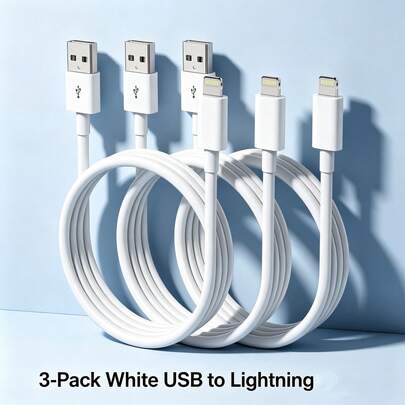 白色纯色3条装USB转Lightning充电线，100厘米/3.3英尺高速数据传输及快速充电线，兼容 14 Pro Max/14 Pro/14 Plus/14/13/12/11/XS/XR/8/7/6，母亲节/生日礼物