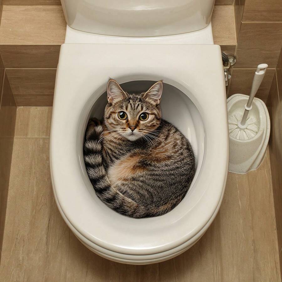 1pc Funny Toilet Bathroom Decor - Cute Tabby Cat Design, Self-Adhesive Vinyl Sticker Suitable For Bathroom Wall, Toilet Seat - Perfect Gift For Cat Lovers And Home Decor, Humorous Art, Removable Sticker Decal - Cute Tabby Cat - View 1