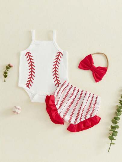 Baby Girl Summer Outfit Cute Baseball Print Sleeveless Romper + Ruffle Shorts + Headband 3Pcs Set Newborn Infant Game Day Clothes 0-18M