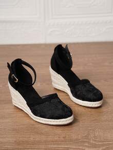 女士厚底坡跟一脚蹬鞋，女士厚底坡跟草编凉鞋，人造革坡跟凉鞋，夏季假日黑色圆头3.15英寸高跟踝带一脚蹬鞋，舒适编织草镂空鞋，尺码34-43（大码/小码），女士高跟鞋，女士高跟凉鞋，女士高跟鞋，优雅女鞋 - 黑色 - 查看 3