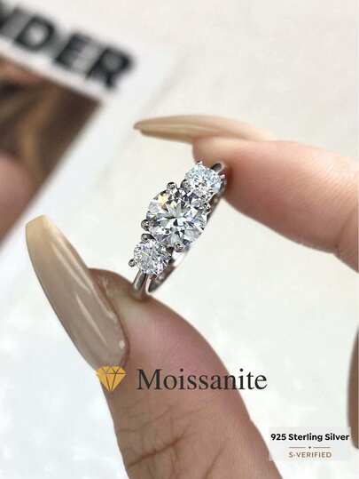 1pc 3-Diamond 4-Prong Moissanite Engagement Ring, D Color, 1 Carat, 925 Sterling Silver, Suitable For Proposal, Gift For Wife/Girlfriend, Birthday, Anniversary, Bridal Jewelry