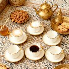 6pcs/Set Vintage Ribbed Coffee Cup And Saucer Set, Luxury Gold Rim Ceramic Espresso Cups, Viral Ins Style Elegant Tableware For Home Afternoon Tea, Office & Breakfast, Perfect Gift For Coffee Lovers - Multicolor - View 2