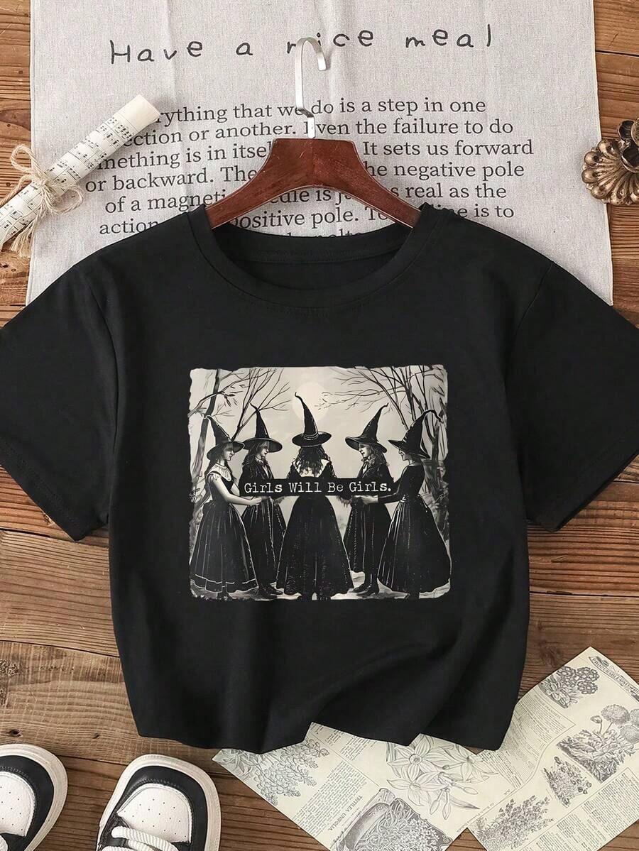 ClassicCamiseta negra de cuello redondo con estampado de bruja, informal de verano para mujerSummer Tee - Negro - Ver 1