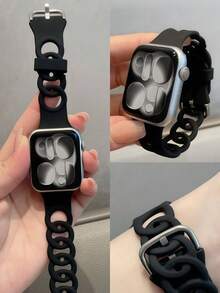 Bracelet de montre en silicone à fleurs ajourées compatible avec Apple Watch Band 38mm 40mm 41mm 42mm 44mm 45mm 46mm 49mm, bracelet de sport fin, ajouré, gravé, respirant et étanche compatible avec Ultra 3 2 1 Série 11/10/9/8/7/SE/6/5/4/3/2/1 Femmes Hommes - Noir - Voir 2