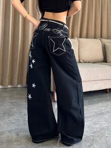 女士休闲宽松刺绣拼接阔腿牛仔裤，舒适百搭，适合所有季节（不含腰带/配饰），春季黑色 - 黑色 - 查看 6