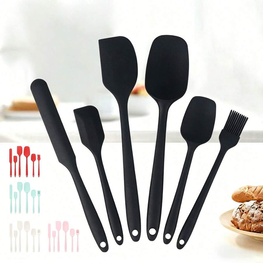 6件套硅胶铲套装，厨房用具，烹饪刮刀，刮取食材，烘焙，搅拌，适用于不粘锅具（黑色，红色） - 彩色 - 查看 1