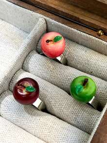 3 piezas Anillos de resina con diseño 3D de manzana realista, joyas únicas con forma de manzana roja y verde - Multicolor - Ver 4