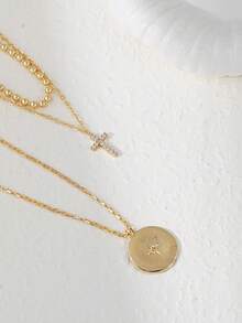 Bộ 2 mặt dây chuyền hình thánh giá và tròn đính đá Cubic Zirconia, thích hợp cho nữ đeo hàng ngày, hẹn hò, lễ hội âm nhạc, dự tiệc. - Vàng - Xem 6