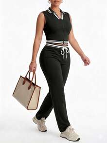 LovelyWholesale Women's Casual Striped Print Zip-Up Vest Top And Drawstring Pants 2-Piece Set, Spring Outfit - Black - View 4