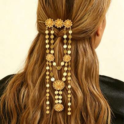 1pc Arabic Gold-Plated Floral Sequin Multi-Layer Tassel Headchain, Women's Wedding Party Festival Holiday Vacation Hair Accessory