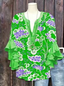 Women's Leopard & Floral Print Ruffle Sleeve Blouse - V-Neck Button- Shirt With Ruffled Hem-Like Collar, 7/8 Length Non-Stretch Top For Spring Summer Fall, Casual & Dressy Wear (Leopard & Botanical Patterns) - Hand Wash/Dry Clean - 綠色 - 查看 2