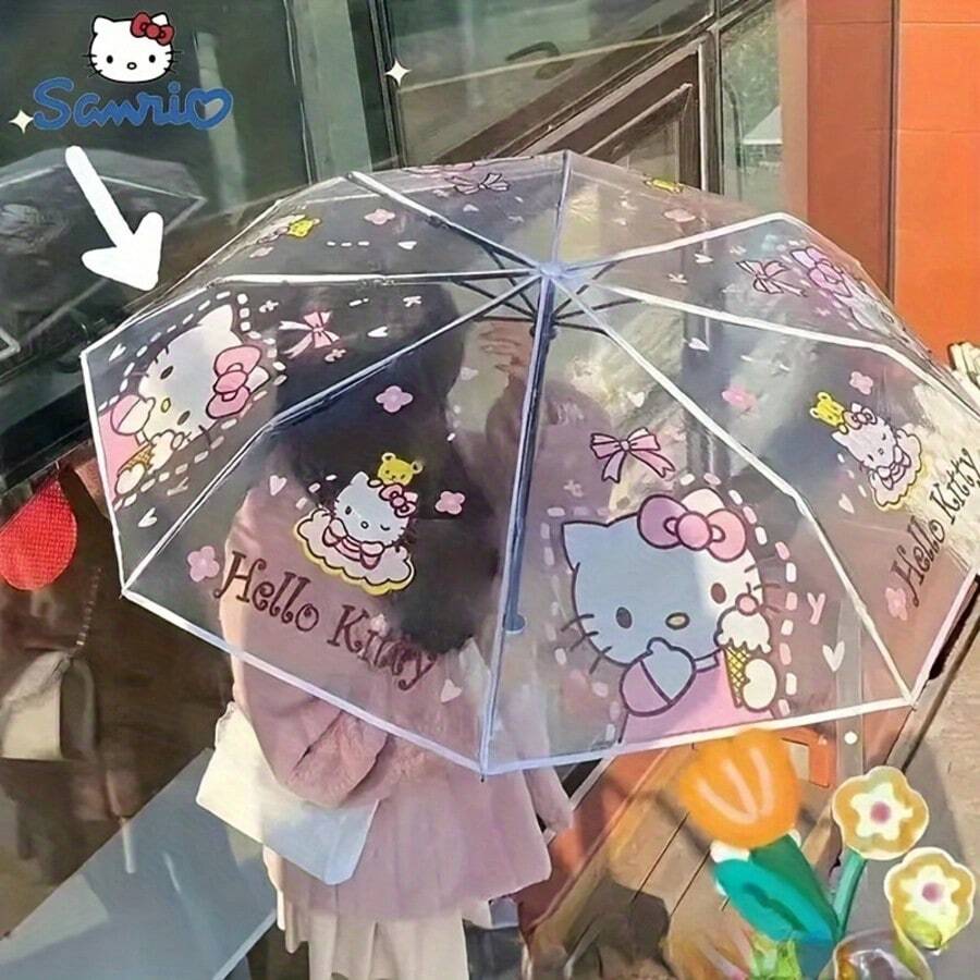 SANRIO 1把可爱卡通折叠透明伞，三折设计，时尚卡通伞，酷洛米（Kuromi），KT猫图案，适合外出、出差、旅行、居家使用 - 彩色 - 查看 1
