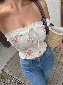 Top Bandeau Corto de Encaje Estilo Sensual Francés para Verano - blanquecino - Ver 2