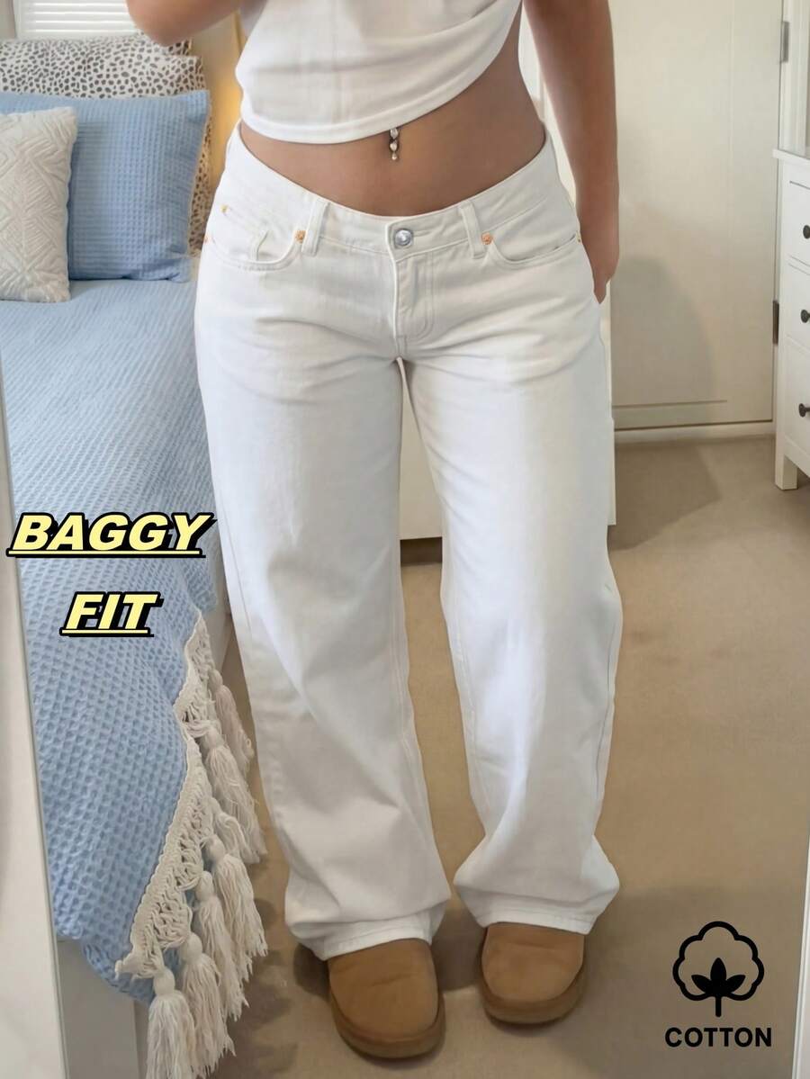 MYOURSA Quần jeans ống rộng cạp thấp dáng suông, phong cách đường phố sinh viên Y2K thường ngày, màu trắng, thích hợp cho mùa thu xuân. - trắng - Xem 1