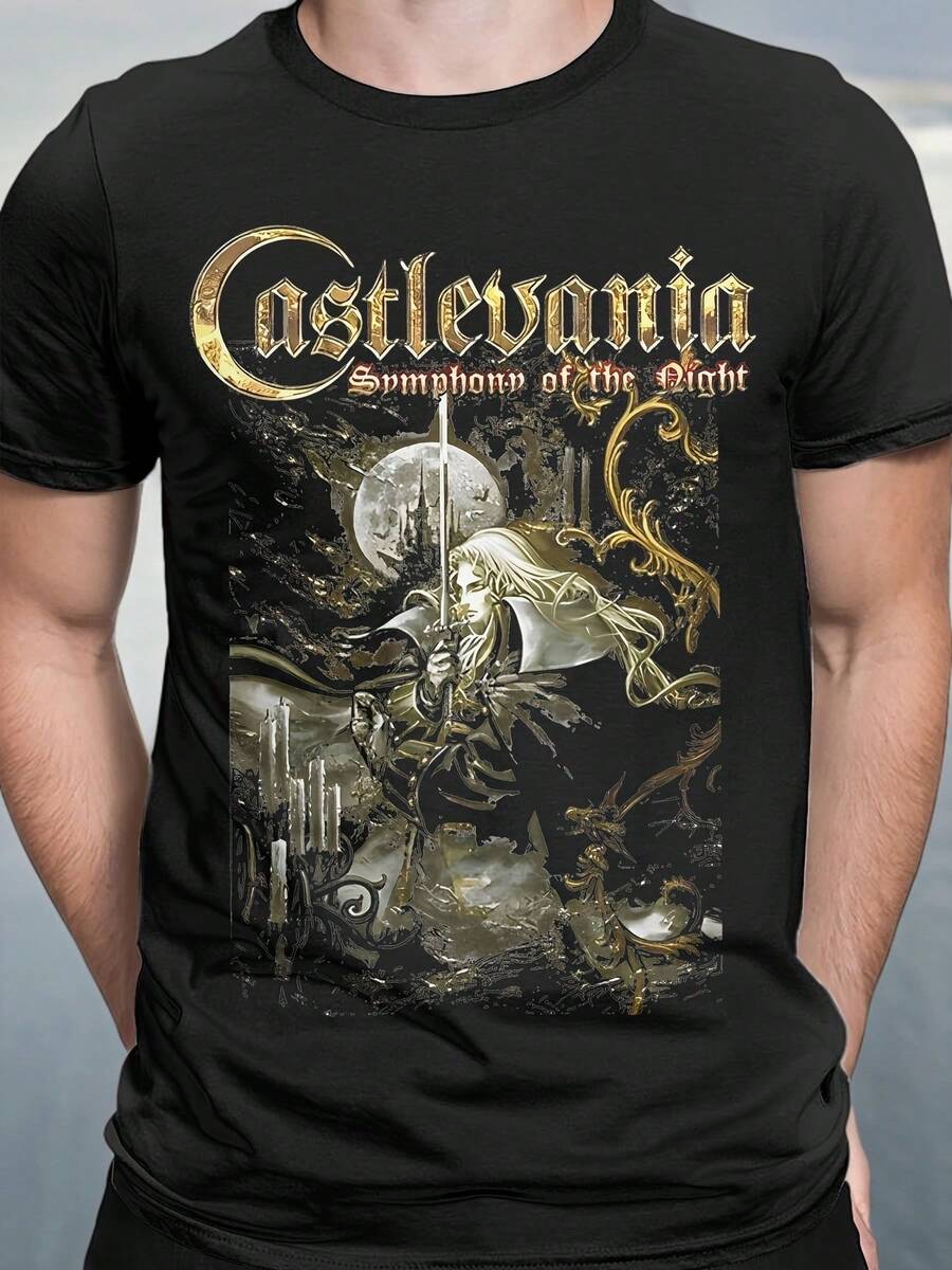 Castlevania Symphony Of The Night Graphic T-Shirt - Apparel For Gothic Music Fans, Stretchy Fabric, Black And Gold Design, Crew Neck, Regular Fit, Suitable For All Seasons - màu đen - Xem 1