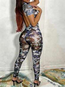 Bộ áo liền quần cho nữ, trang phục hẹn hò buổi tối, áo liền quần xuyên thấu in họa tiết, hở lưng, trang phục dự lễ hội âm nhạc cho nữ. - Màu xanh lam - Xem 2