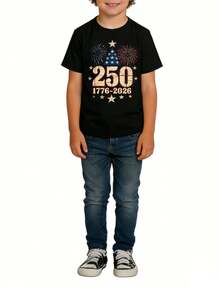 Family's Tee Top Summer Outfit Short Sleeve 4th Of July Holiday Top Crewneck Number Letter Pattern Print T-Shirt Pullover Tops For Family Members - 黑色 - 查看 5