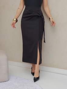 Women's Casual Wrap Skirt In Solid Color With Drawstring, Spring/Summer/M5509 - Pure Black - View 3