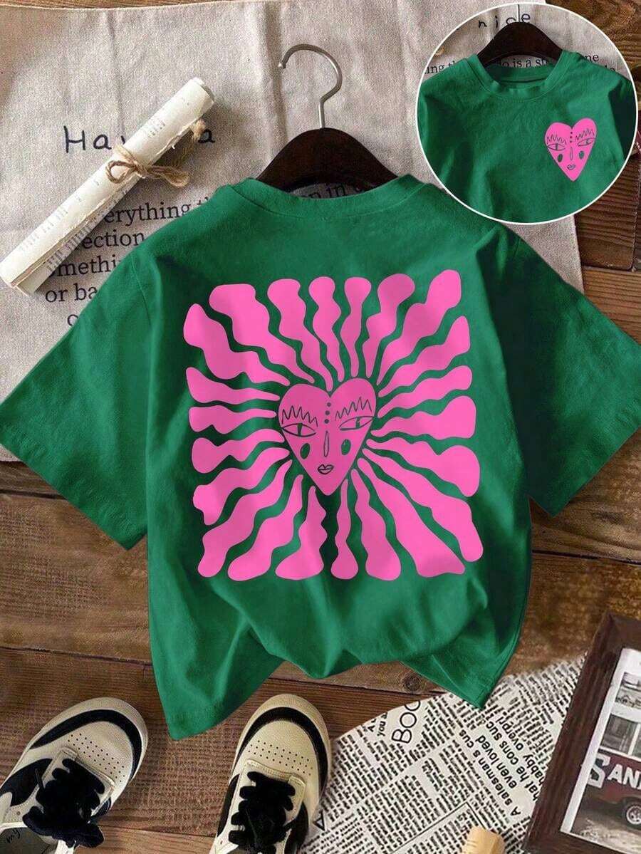 Camiseta de manga corta con estampado de corazón para mujer, ideal para vacaciones, primavera y ropa de resort - Verde - Ver 1