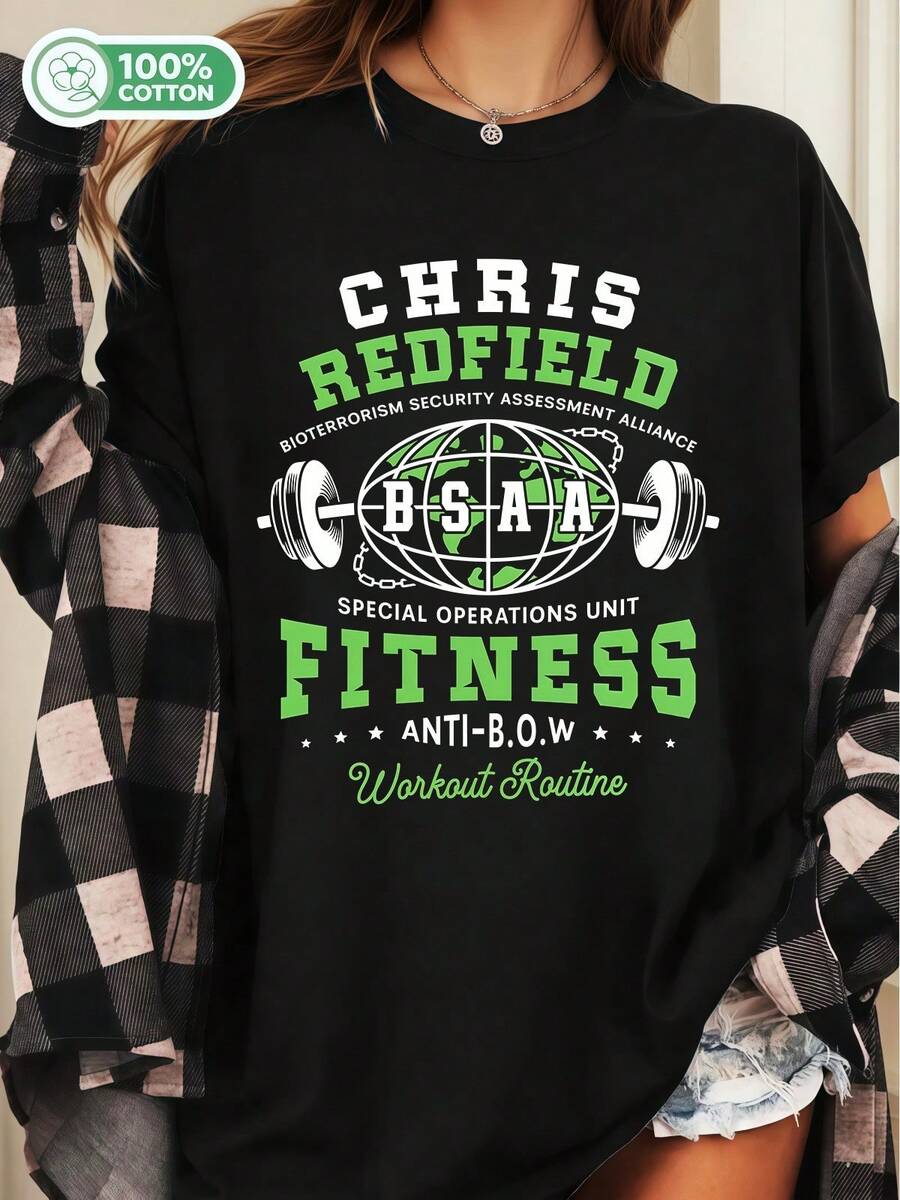 Chris Redfield BSAA 100% Cotton Unisex Short Sleeve Horror Game Graphic T-Shirt - Black - View 1
