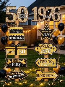1 Set Black & Gold 50th Birthday Party Signage Cards, Paper Door Decor Couplet Banners For Background Decor, Black & Gold 50th Birthday Party Signage For Wall Decor, Photo Props, Home Decor, Room Decor, Birthday Party Photography Props, Black & Gold Birthday Party Decor, School Opening Ceremony Wedding Decor, Birthday Party Supplies - 50th - View 5